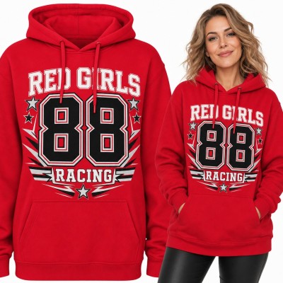Bluza damska z kapturem „Red Girls 88 Racing” - numer w stylu varsity z gwiazdami