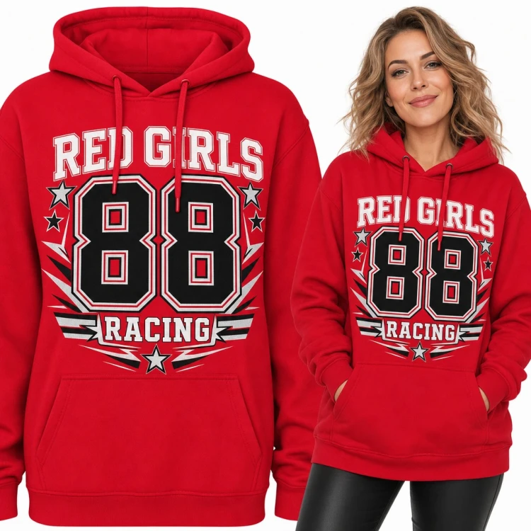 Bluza damska z kapturem „Red Girls 88 Racing” - numer w stylu varsity z gwiazdami