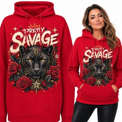 Bluza damska z kapturem - czarna pantera w różach i koronie „Pretty Savage”