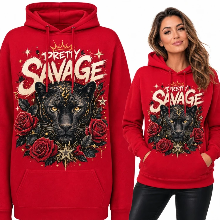 Bluza damska z kapturem - czarna pantera w różach i koronie „Pretty Savage”