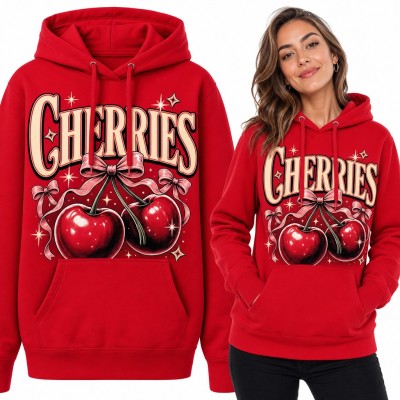 Bluza damska z kapturem - wiśnie z różowymi kokardkami „Cherries” w stylu retro