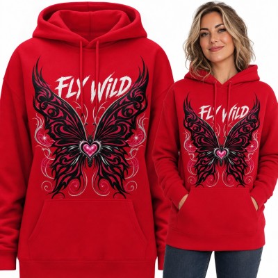 Bluza damska z kapturem - tribalowy motyl z sercem „Fly wild”