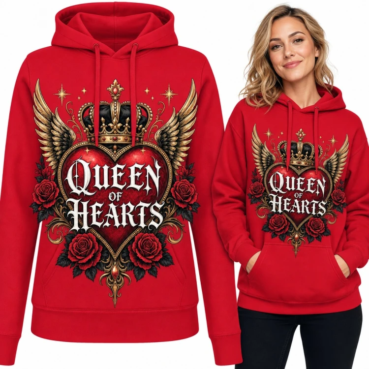 Bluza damska z kapturem - „Queen of Hearts” z koroną, skrzydłami i różami