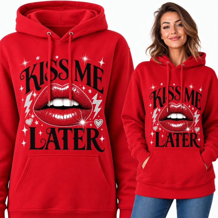 Bluza damska z kapturem „Kiss me later” - błyszczące czerwone usta z błyskawicami