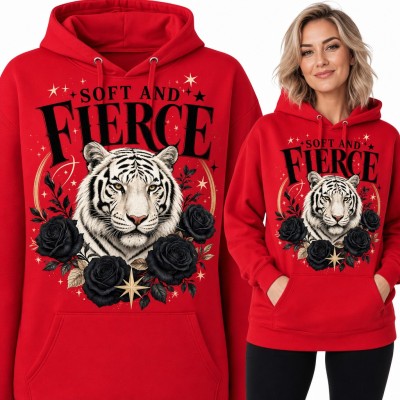Bluza damska z kapturem - biały tygrys i czarne róże „Soft and Fierce”