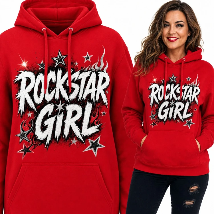 Bluza damska z kapturem - „Rockstar Girl” z gwiazdami i płomieniami