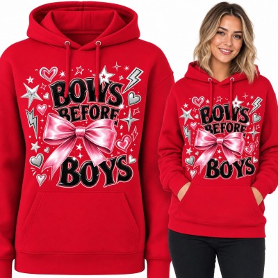 Bluza damska z kapturem - różowa kokarda „Bows before boys”