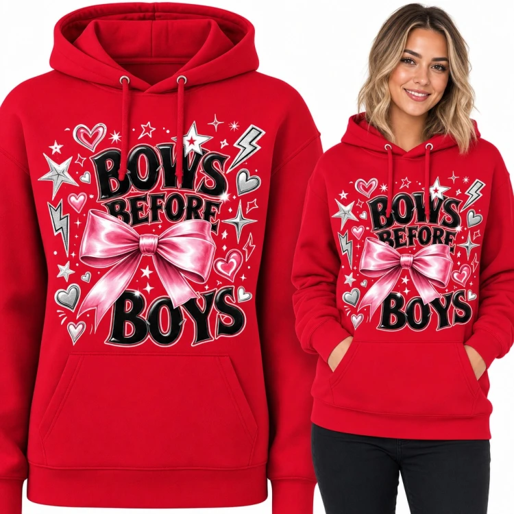 Bluza damska z kapturem - różowa kokarda „Bows before boys”