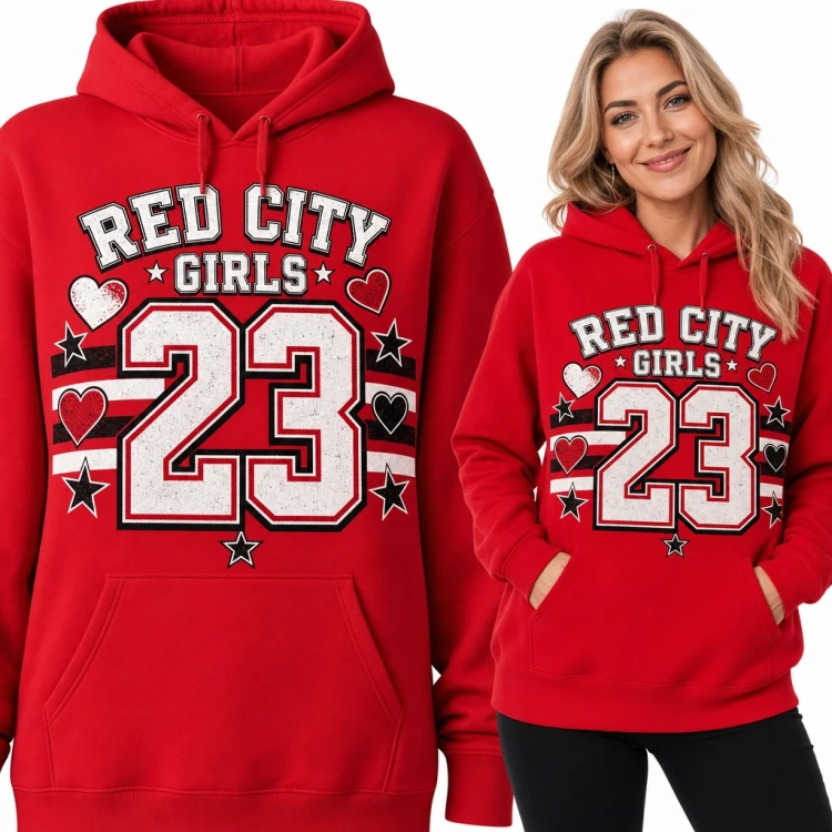 Bluza damska z kapturem - „Red City Girls 23” w stylu varsity z sercami
