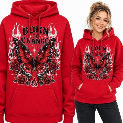 Bluza damska z kapturem - motyl w płomieniach z różami i napisem „Born to change”