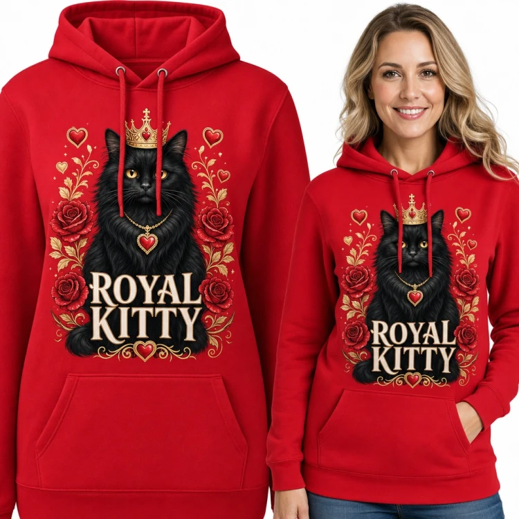 Bluza damska z kapturem - czarny kot w koronie „Royal Kitty” wśród róż i serc