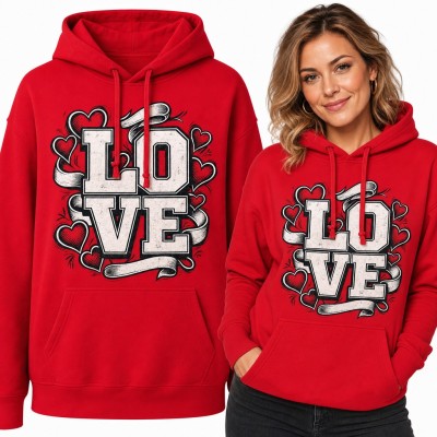 Bluza damska z kapturem - „Love” w stylu college z sercami i wstęgami