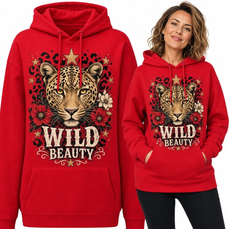 Bluza damska z kapturem - lampart w kwiatach „Wild Beauty”