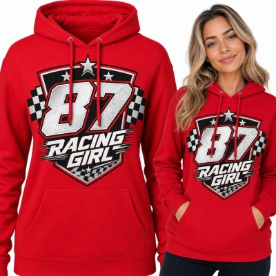 Bluza damska z kapturem „87 Racing Girl” - wyścigowy herb z flagami w szachownicę