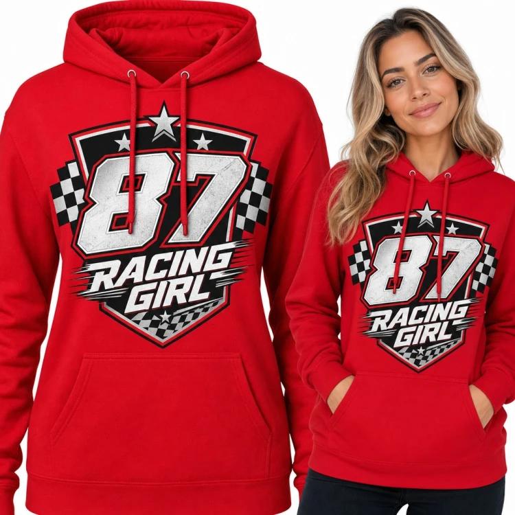Bluza damska z kapturem „87 Racing Girl” - wyścigowy herb z flagami w szachownicę