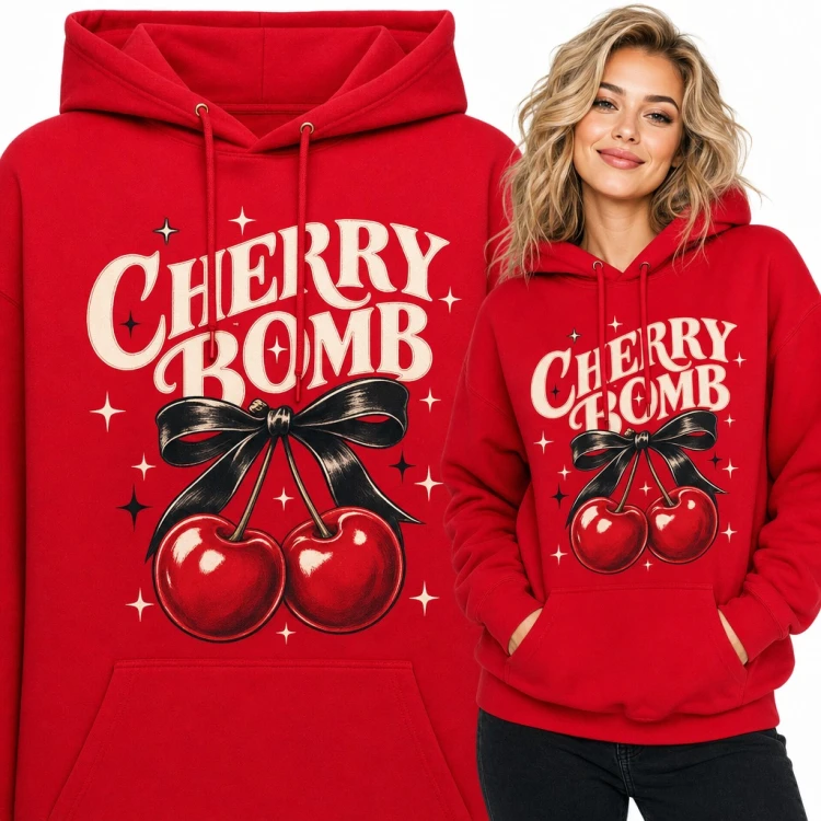 Bluza damska z kapturem - wiśnie z czarną kokardą i napis „Cherry Bomb” w stylu retro