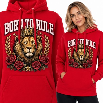 Bluza damska z kapturem - lew w złotej koronie wśród róż „Born to rule”