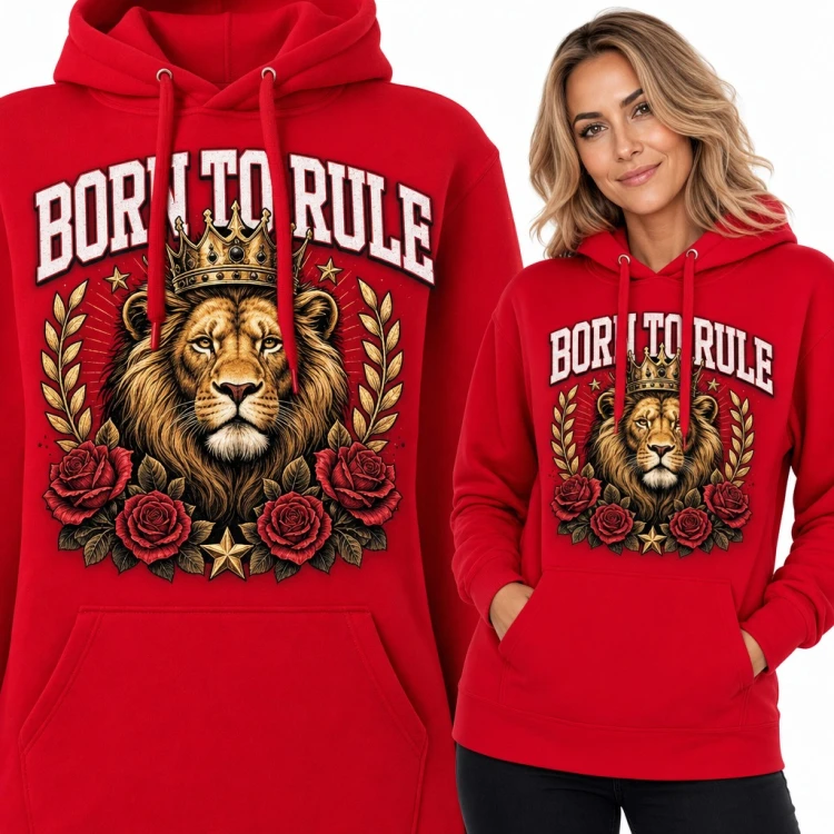 Bluza damska z kapturem - lew w złotej koronie wśród róż „Born to rule”