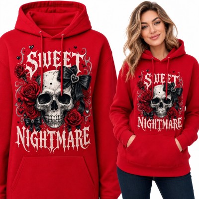 Bluza damska z kapturem - czaszka z różami i kokardą „Sweet Nightmare”