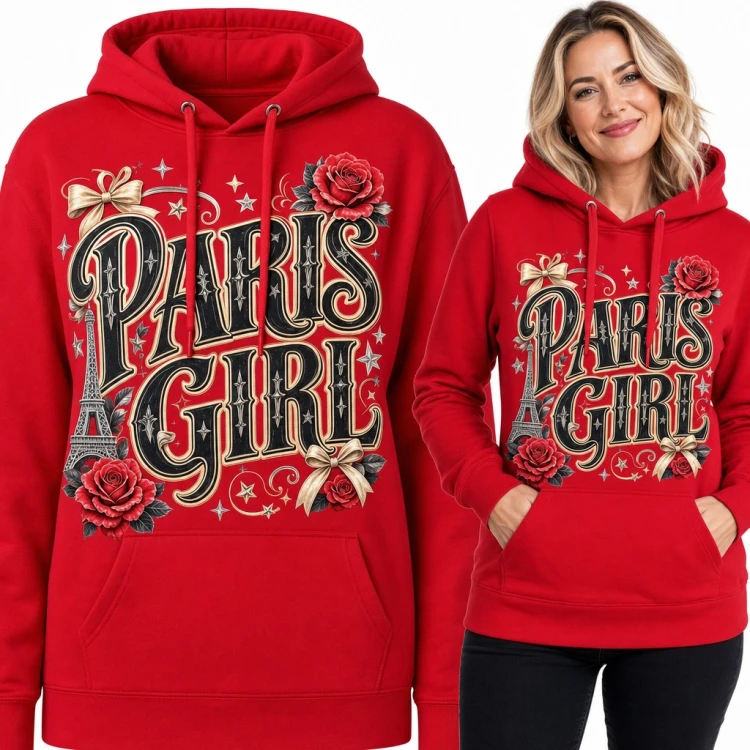 Bluza damska z kapturem - „Paris Girl” z wieżą Eiffla i różami