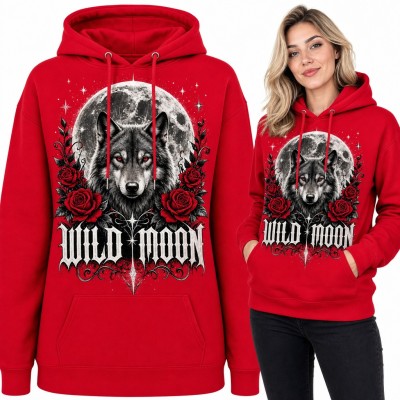 Bluza damska z kapturem - wilk na tle pełni i czerwone róże „Wild Moon”