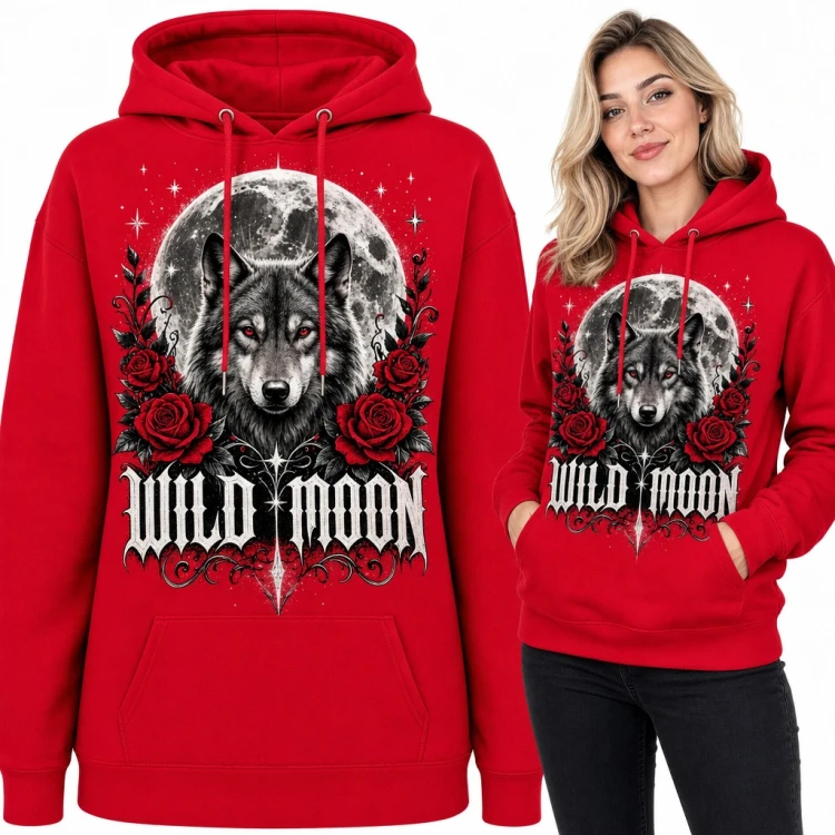Bluza damska z kapturem - wilk na tle pełni i czerwone róże „Wild Moon”