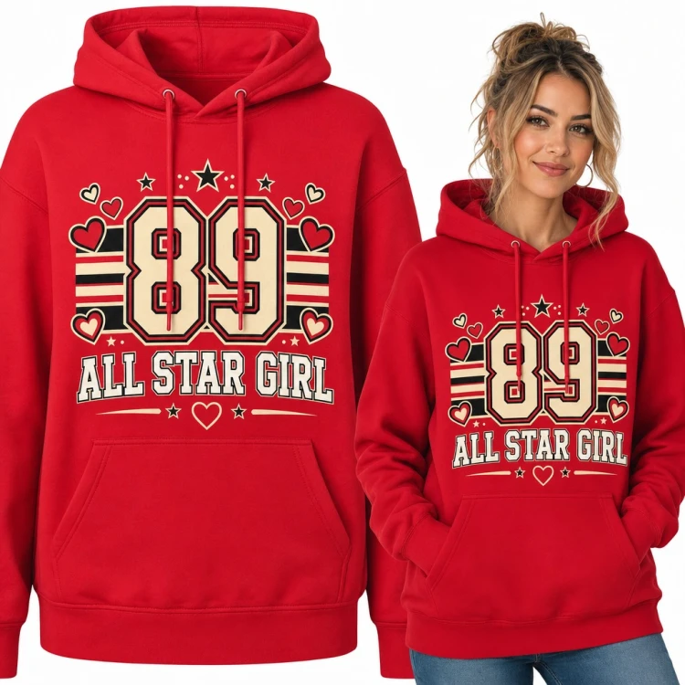 Bluza damska z kapturem „89 All Star Girl” - varsity z sercami i gwiazdkami
