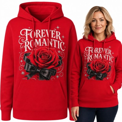 Bluza damska z kapturem - czerwona róża z czarną kokardą „Forever Romantic”