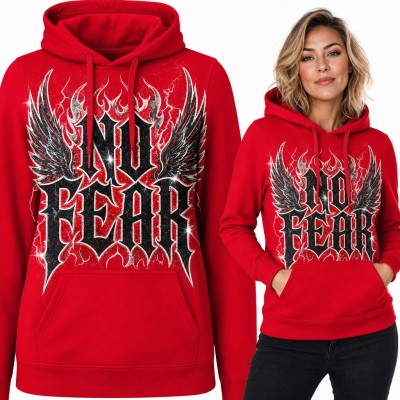 Bluza damska z kapturem - „No Fear” w metalowym liternictwie ze skrzydłami i płomieniami