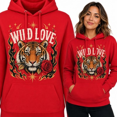 Bluza damska z kapturem - tygrys z różą w pysku i napis „Wild love”