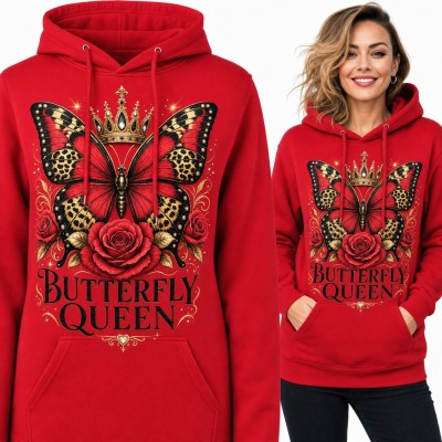 Bluza damska z kapturem - motyl w koronie z różami „Butterfly Queen”