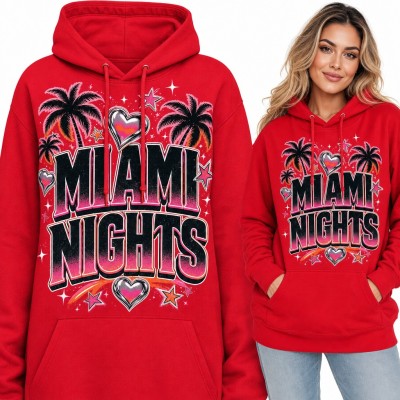Bluza damska z kapturem „Miami Nights” - palmy i chromowane serca w stylu Y2K