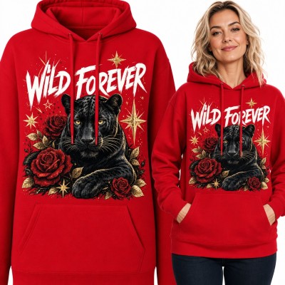 Bluza damska z kapturem - czarna pantera w różach „Wild forever”