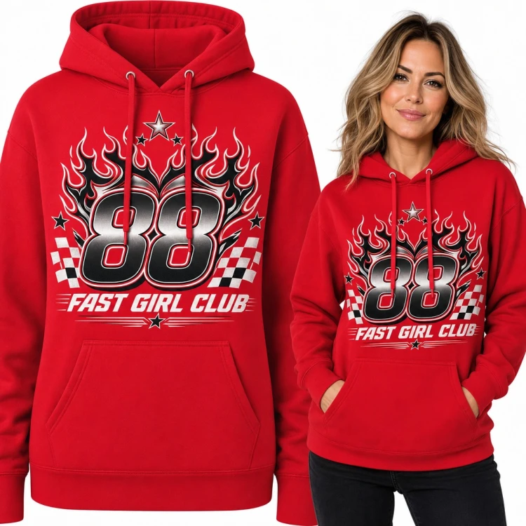 Bluza damska z kapturem - wyścigowy numer 88 w płomieniach „Fast Girl Club”