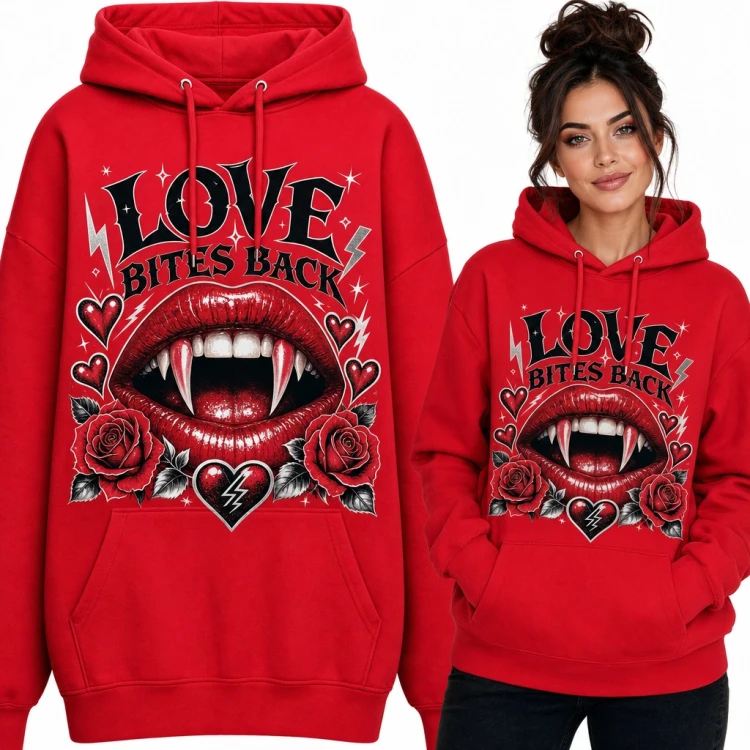 Bluza damska z kapturem - wampirze usta z kłami i różami „Love Bites Back”