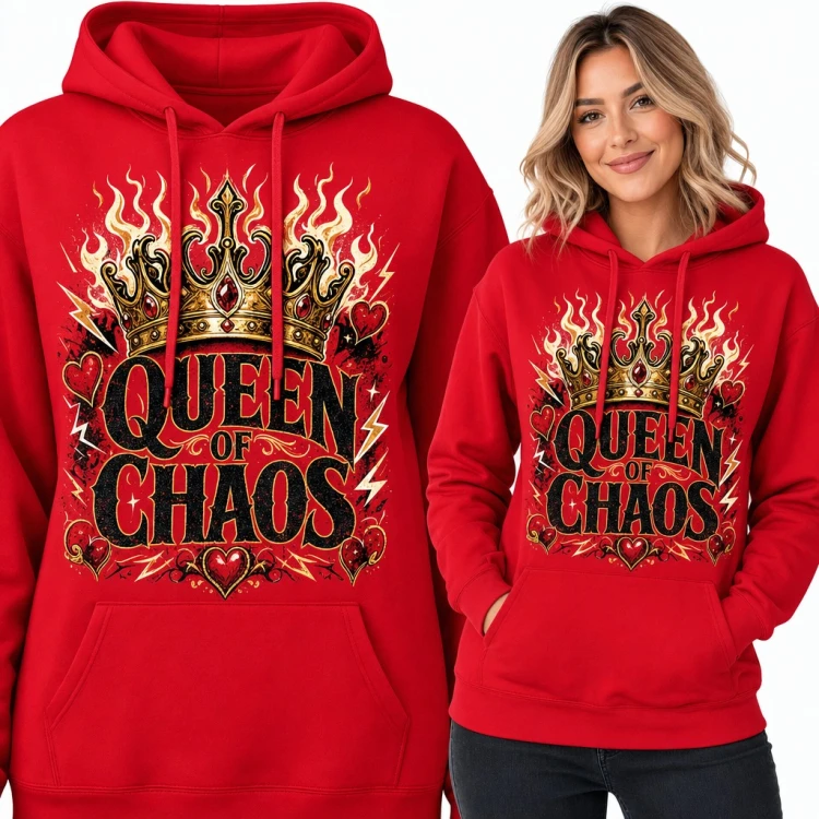 Bluza damska z kapturem - złota korona w płomieniach i napis „Queen of Chaos”