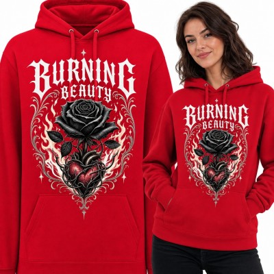 Bluza damska z kapturem „Burning Beauty” - czarna róża i serce w płomieniach
