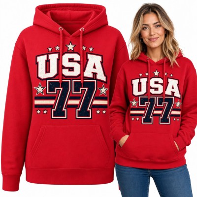 Bluza damska z kapturem „USA 77” - sportowy nadruk w stylu college z gwiazdkami