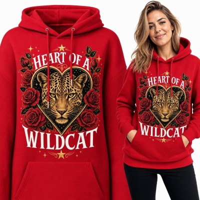Bluza damska z kapturem - lampart w sercu z różami „Heart of a Wildcat”