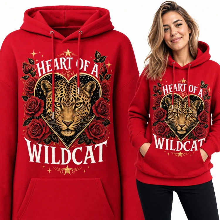 Bluza damska z kapturem - lampart w sercu z różami „Heart of a Wildcat”