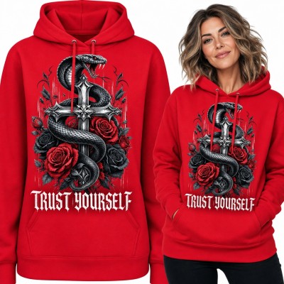Bluza damska z kapturem - kobra na gotyckim krzyżu z różami „Trust yourself”
