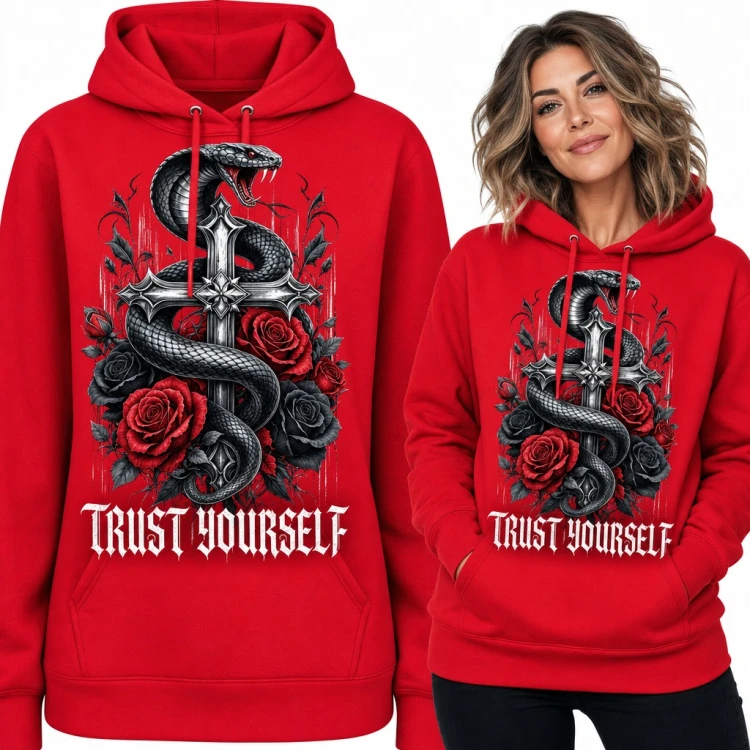 Bluza damska z kapturem - kobra na gotyckim krzyżu z różami „Trust yourself”