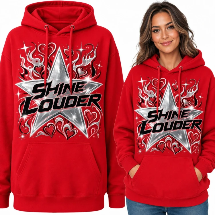 Bluza damska z kapturem - „Shine louder” ze srebrną gwiazdą i sercami w stylu Y2K