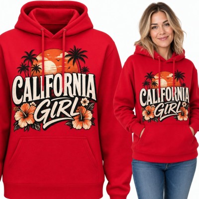 Bluza damska z kapturem - „California Girl” z palmami i hibiskusem