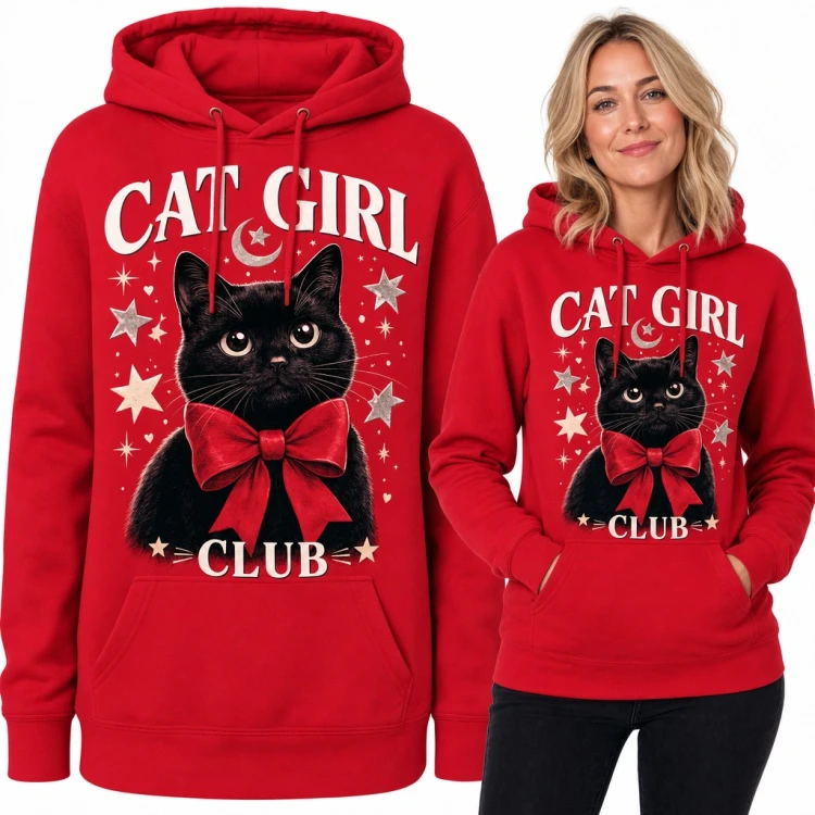 Bluza damska z kapturem - „Cat Girl Club” czarny kot z czerwoną kokardą