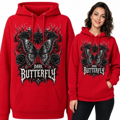 Bluza damska z kapturem - gotycki motyl wśród czarnych róż „Dark Butterfly”