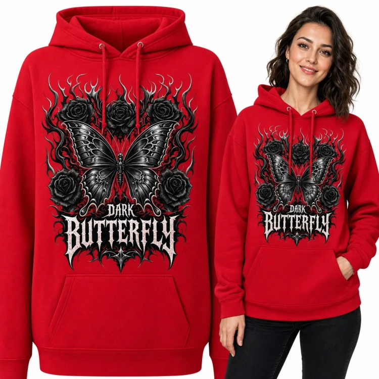 Bluza damska z kapturem - gotycki motyl wśród czarnych róż „Dark Butterfly”