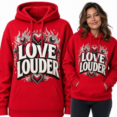 Bluza damska z kapturem „Love louder” - płonące serca w stylu tattoo