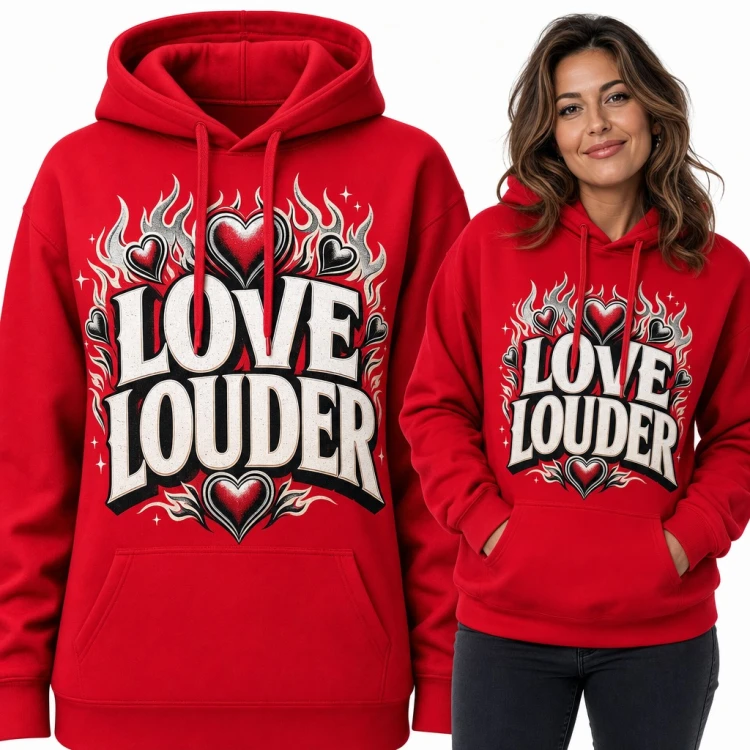 Bluza damska z kapturem „Love louder” - płonące serca w stylu tattoo