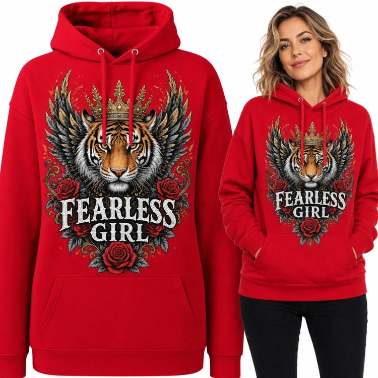 Bluza damska z kapturem - tygrys w koronie ze skrzydłami i różami „Fearless Girl”